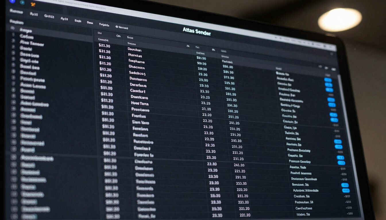 Full-screen Atlas Sender dashboard close-up, rows of campaign data with sent and failed counts, SMTP status indicator glowing blue, dark background with tight data grid, cool overhead studio light, slight perspective tilt, no people