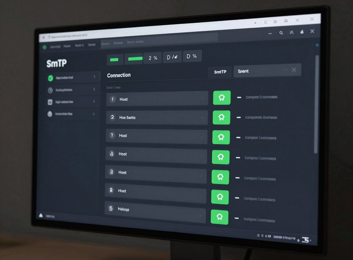 Wide shot of a dark-themed SaaS dashboard interface showing SMTP connection settings panel with status indicators, host fields, and green connected badges, cool studio lighting, tight UI close-up on a monitor